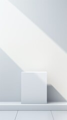 A white box sitting on top of a white floor, podium, stage, mockup for beauty product.