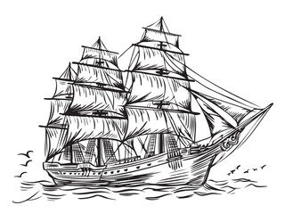 Retro pirate ship cartoon sketch hand drawn nautical theme illustration - obrazy, fototapety, plakaty