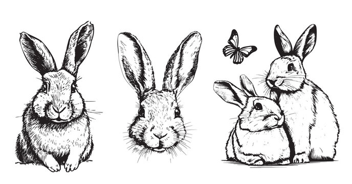 Cute Bunny set hand drawn sketch Farm animals