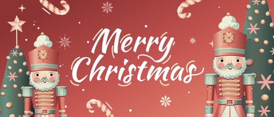 Christmas party banner with nutcracker, Xmas tree, candy stick and snowflake. Horizontal poster, greeting card, header, website, vector illustration