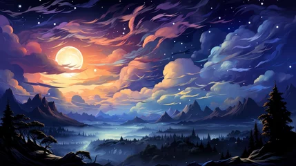 Fototapeten Abstract Background Night Sky Stars Panorama, Background Banner HD, Illustrations , Cartoon style © Alex Cuong