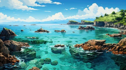 Obraz premium Aerial View Scene Sea Ocean Which, Background Banner HD, Illustrations , Cartoon style