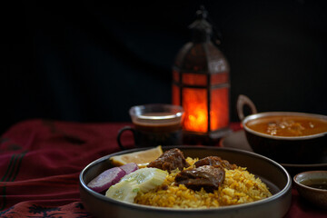 Beef Biryani, traditional spicy Muslim food, yellow rice cooked with aromatic spices with beef...