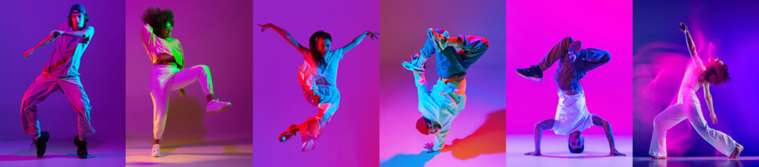 Collage. Young artistic talented men and women dancing over multicolored background in neon light....