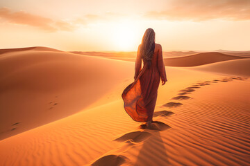 back view woman walking in the desert sunset at sunset ai generated art - Powered by Adobe