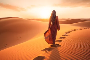 Rolgordijnen back view woman walking in the desert sunset at sunset ai generated art © mihail