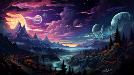 Türaufkleber Amazing Star Night Cloudy Mountains Panorama, Background Banner HD, Illustrations , Cartoon style © Alex Cuong