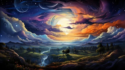 Foto op Plexiglas Amazing Star Night Cloudy Mountains Panorama, Background Banner HD, Illustrations , Cartoon style © Alex Cuong
