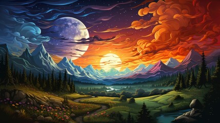 Obraz premium Amazing Star Night Cloudy Mountains Panorama, Background Banner HD, Illustrations , Cartoon style