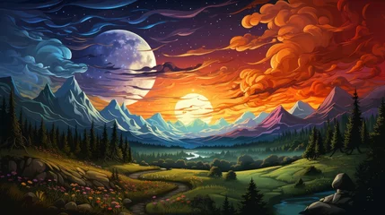 Foto op Aluminium Amazing Star Night Cloudy Mountains Panorama, Background Banner HD, Illustrations , Cartoon style © Alex Cuong