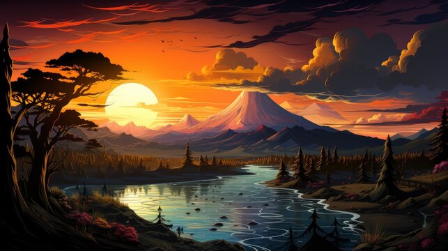 Fototapeta Amazing Sunset Light Color On Volcano, Background Banner HD, Illustrations , Cartoon style