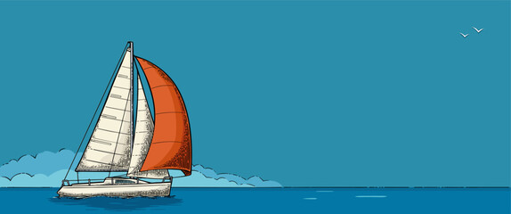 Sailing yacht. Sailboat. Vector drawn flat illustration for yacht club - obrazy, fototapety, plakaty