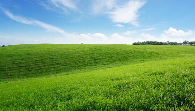 landscape view of green grass field with blue skybackground