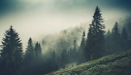 misty landscape with fir forest in vintage retro style generative ai - obrazy, fototapety, plakaty