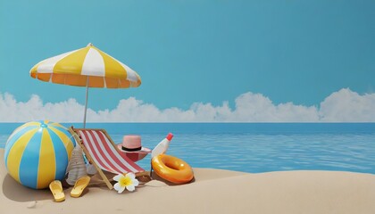 Fototapeta na wymiar summer beach vacation scene with blue background 3d rendering