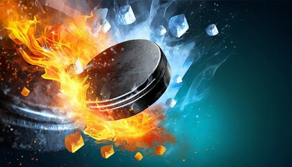 ice hockey puck exploding by elements fire and water background for sports tournament poster or placard vertical design with copy space - obrazy, fototapety, plakaty