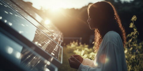 Woman inspecting the solar panel system. Human interaction with solar energy systems committed to sustainability and renewable energy. - obrazy, fototapety, plakaty