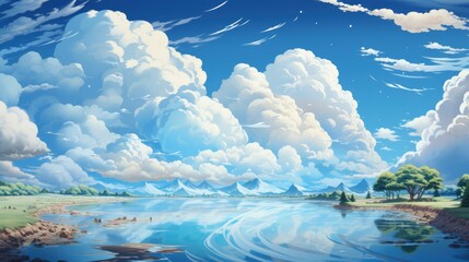Beautiful Blue Sky White Clouds, Background Banner HD, Illustrations , Cartoon style