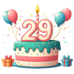 29 year old birthday cake or 29 year anniversary cake celebration with balloons and party decoration transparent background