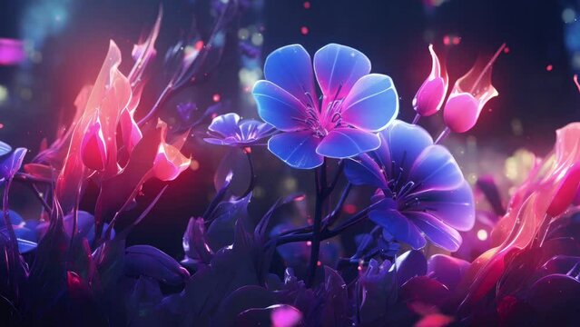Illuminated fantasy flowers glowing at night. Magical nature background.