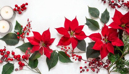 christmas decoration frame of flowers of red poinsettia branch christmas tree red berries on white background with space for text top view flat lay
