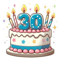 30 year old birthday cake or 30 year anniversary cake celebration with balloons and party decoration transparent background