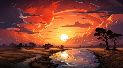 Beautiful Dramatic Sunset Sky Above Fluffy, Background Banner HD, Illustrations , Cartoon style