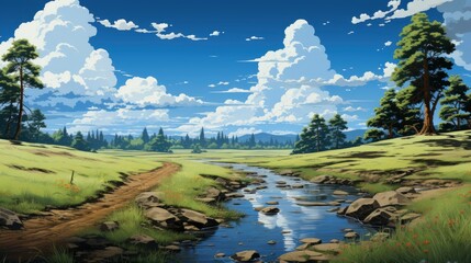 Beautiful Landscape Clean Blue Sky, Background Banner HD, Illustrations , Cartoon style