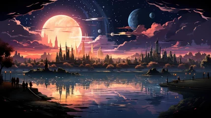 Gordijnen Beautiful Planet Earth Night City Lights, Background Banner HD, Illustrations , Cartoon style © Alex Cuong
