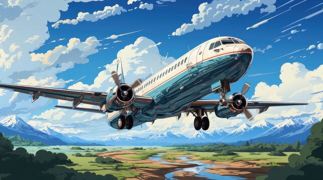 Beautiful Panoramic Background Flying Plane Blue, Background Banner HD, Illustrations , Cartoon style