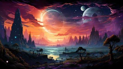 Obraz premium Beautiful Space Galaxy Night Astronomy Concept, Background Banner HD, Illustrations , Cartoon style