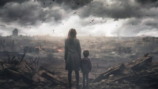 Woman and child viewing post-apocalyptic cityscape at sunset. Dystopian future.