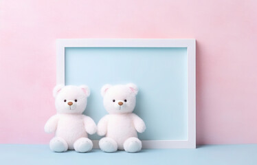 Cute couple teddy bear with picture frame on pink-blue background. Concept Valentines Day
