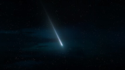 Bright meteor trail in the sky. Fireball on a dark background. Meteorite falling, scientific astrophotography.
