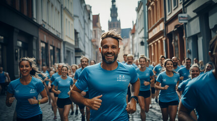GROUP OF PEOPLE RUNNING WEARING BLUE T-SHIRTs - obrazy, fototapety, plakaty