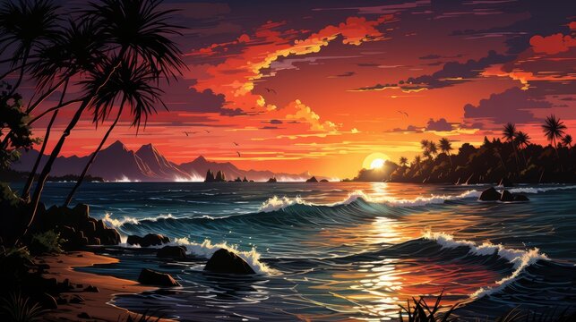 Beautiful Sunset Tropical Beach Palm Tree, Background Banner HD, Illustrations , Cartoon style