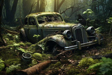 old wrecked car in the forest on the grass
