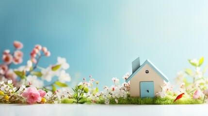 A small house sitting on top of a lush green field, springtime background with copy-space. - Powered by Adobe
