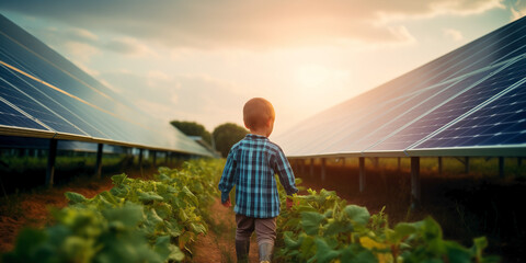 Little one touching the solar panel system. Human interaction with solar energy systems committed to sustainability and renewable energy. - obrazy, fototapety, plakaty