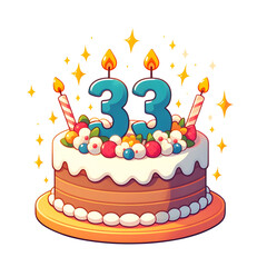 33 year old birthday cake or 33 year anniversary cake celebration with balloons and party decoration transparent background