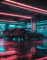 A black sports car parked in a neon-lit parking garage. The muscle car is a classic model with a sleek design and the garage is bathed in pink and blue light.