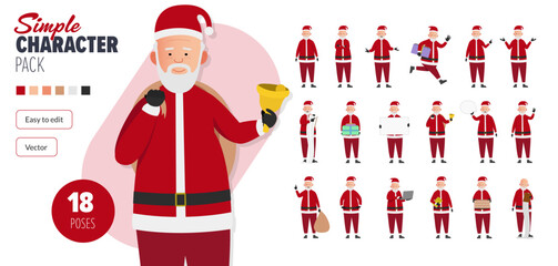 Simple flat Santa Claus, Father Christmas vector character in a set of multiple poses. Easy to edit and isolated on a white background. Modern trendy style character mega pack with lots of poses.
