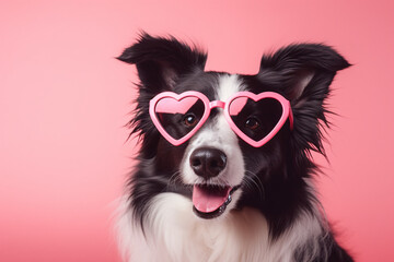 Cute Border Collie dog with pink heart shaped Valentine's day glasses in front of pink background