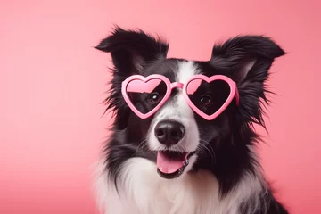 Fotobehang Cute Border Collie dog with pink heart shaped Valentine's day glasses in front of pink background © Firn