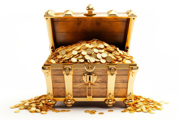 Open golden treasure chest isolated on white 3D rendering