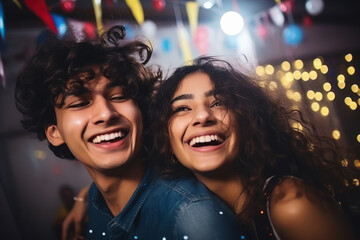 young Indian couple, are laughing and joyful dancing at party - obrazy, fototapety, plakaty