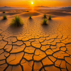 Drought land with sunset