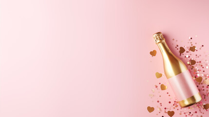 valentines day Celebration - blank  gold champagne bottle on a pastel pink background with hearts golden confetti with copy space