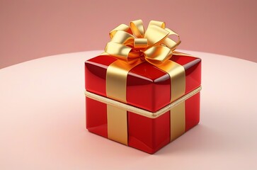 Fototapeta premium 3D Rendering of a Glass Gift Box with a Golden Bow on a Striking Red Background.