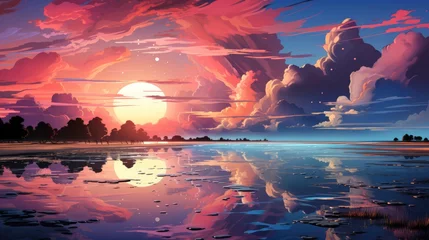 Gordijnen Clear Blue Sky Sunset Glowing Pink, Background Banner HD, Illustrations , Cartoon style © Alex Cuong